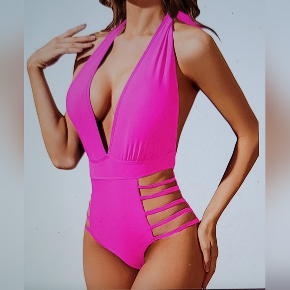 NWT SUPER SEXY HALTER CUT OUT HIGH LEG PADDED LOW CUT CLEAVAGE SWIM SUIT SMALL - Picture 5 of 12